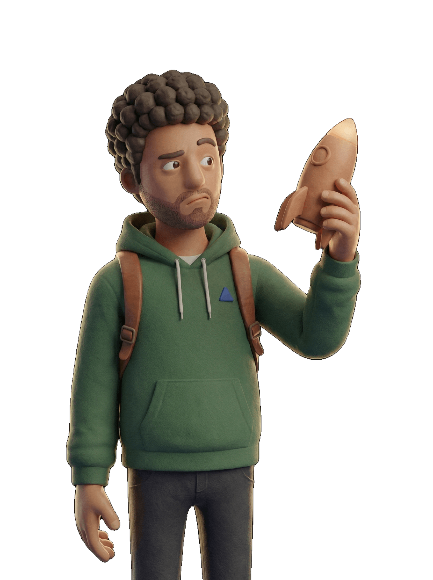 Estudiante con un cohete pequeño en la mano